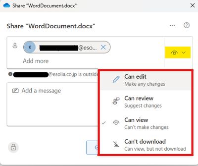 Screenshot of Word document sharing settings