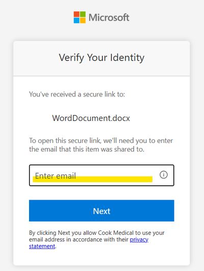 Screenshot of the Microsoft email verification prompt